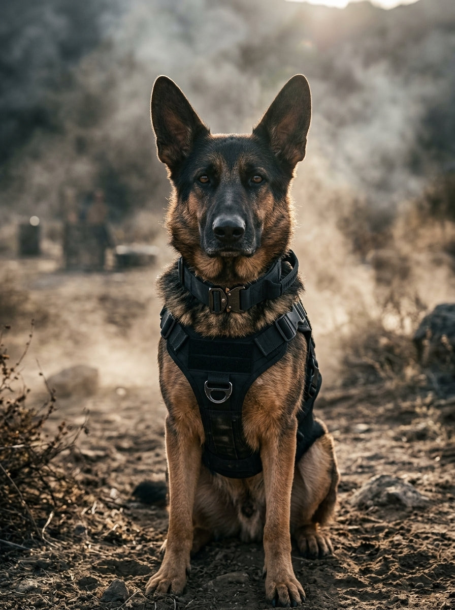 German shepherd in a black MOLLE harness sitting in open scrub at first light, backlit by low sun