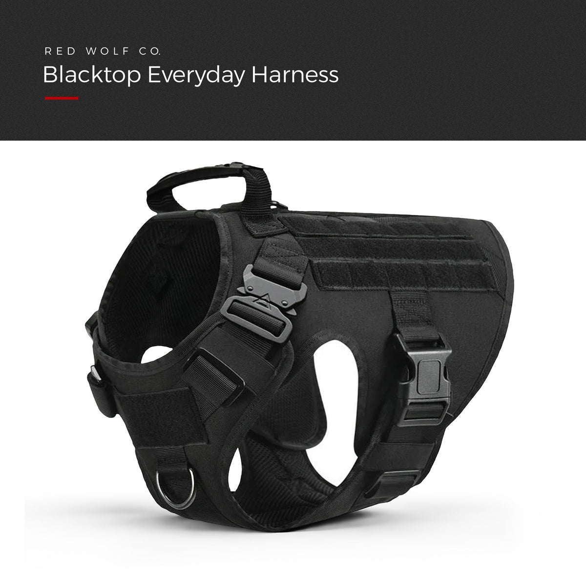 Blackout — Blacktop Everyday Harness, three-quarter view showing the grab handle, the quick-release buckles and the loop panels, under a Red Wolf Co. title banner