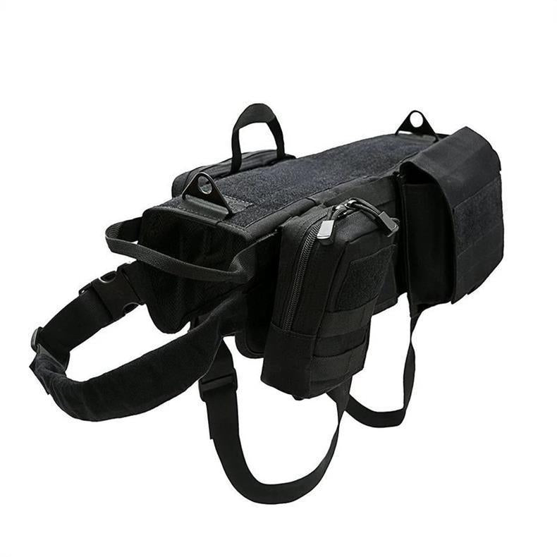 Black MOLLE dog harness with webbing panels and padded handle, side view