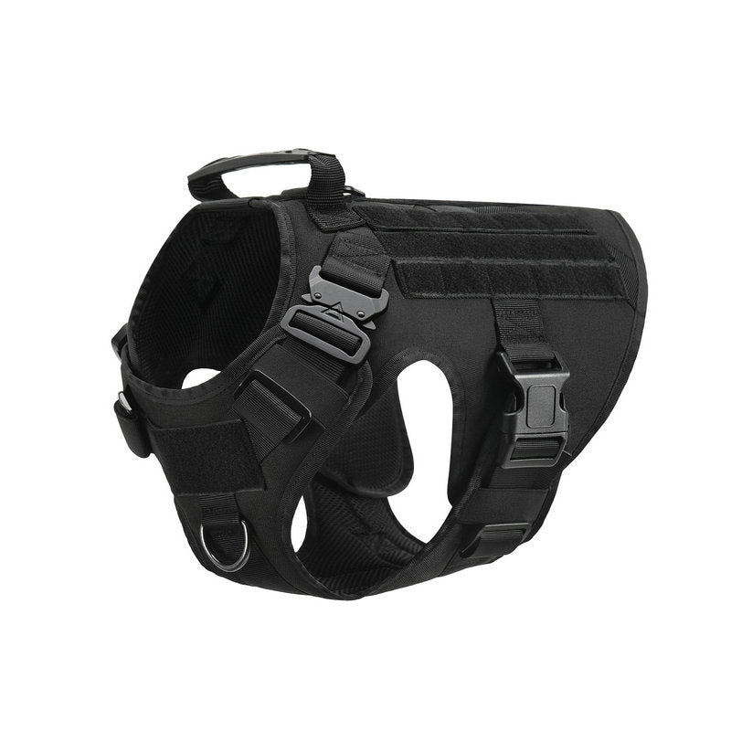 Black Blacktop Everyday Harness, three-quarter view showing the chest D-ring, the grab handle and the quick-release buckles