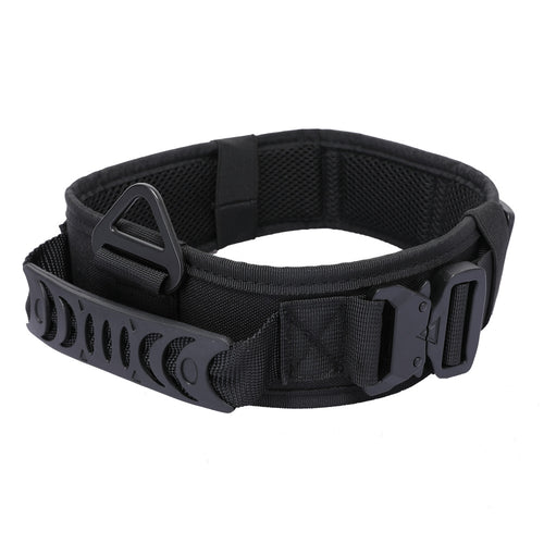 Black tactical dog collar with metal buckle and control handle
