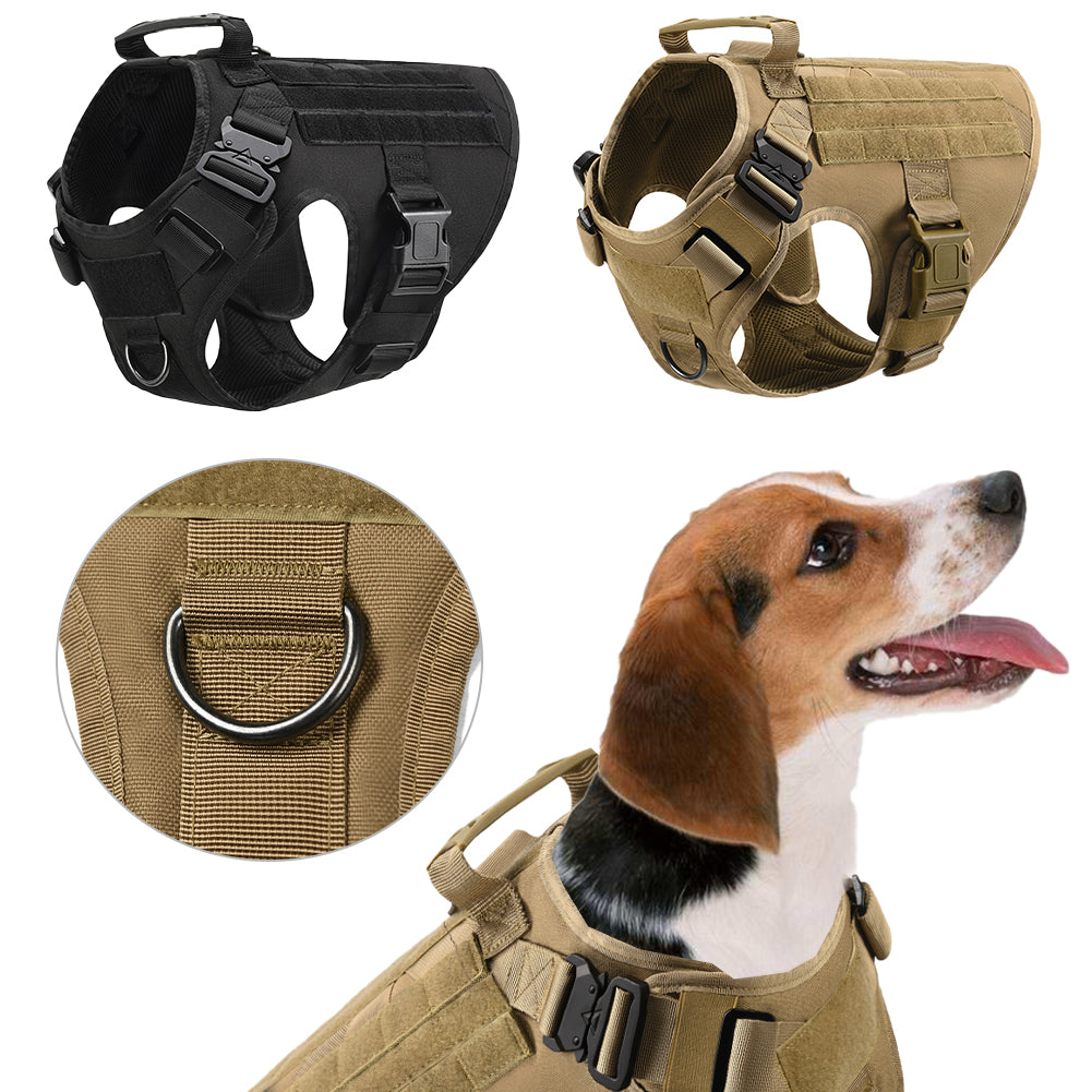 Detail views of the Blacktop Everyday Harness: the black and khaki colourways side by side, a close-up of the back D-ring on its webbing anchor, and a beagle wearing the khaki harness.