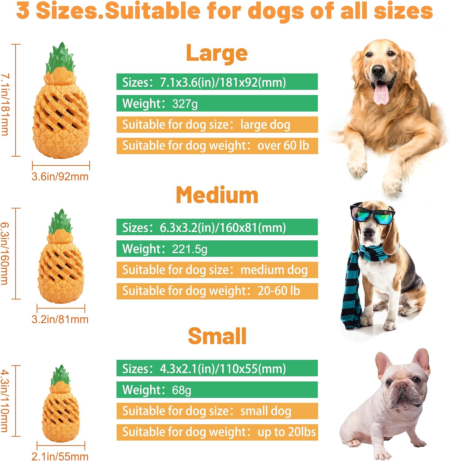 Size chart for the Bedrock Rubber Chew: small 4.3 by 2.1 inches for dogs up to 20 lb, medium 6.3 by 3.2 inches for 20 to 60 lb, large 7.1 by 3.6 inches for dogs over 60 lb