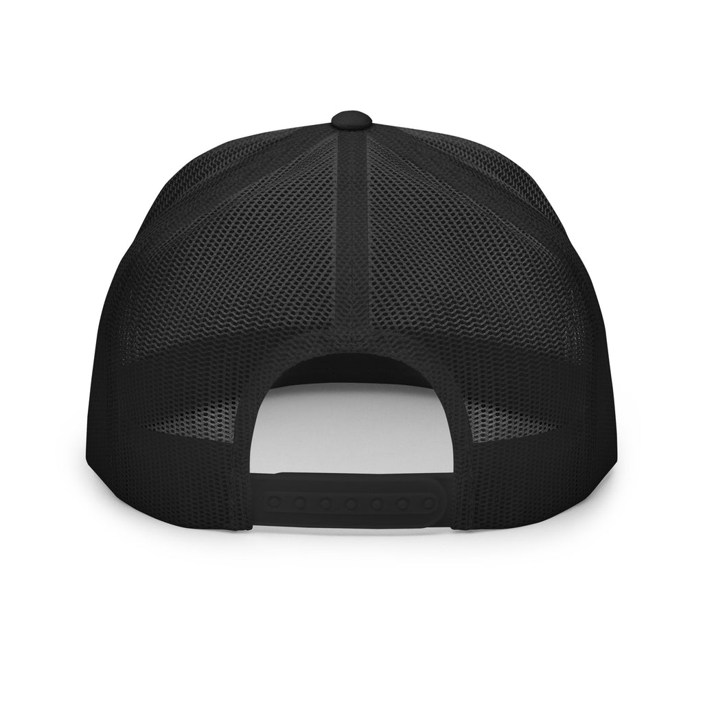Solace Snapback in black, back view, showing the mesh back panels and the snapback closure