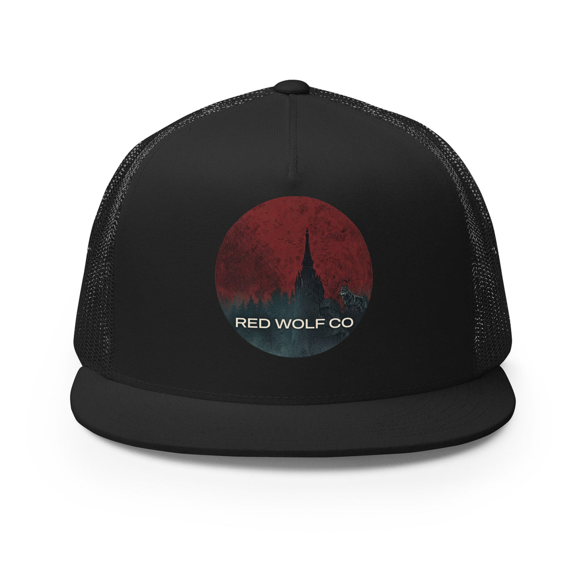 Solace Snapback in black, straight-on front view, showing the Red Wolf Co badge and the mesh side panels