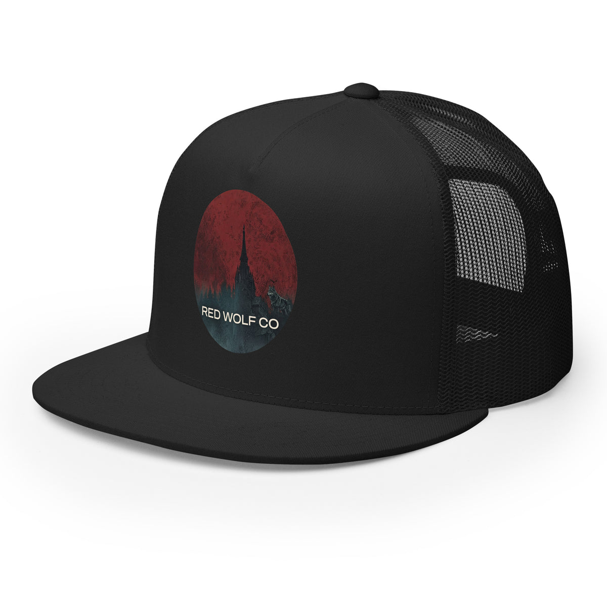 Solace Snapback in black, three-quarter view from the left, showing the flat bill and the mesh side panel