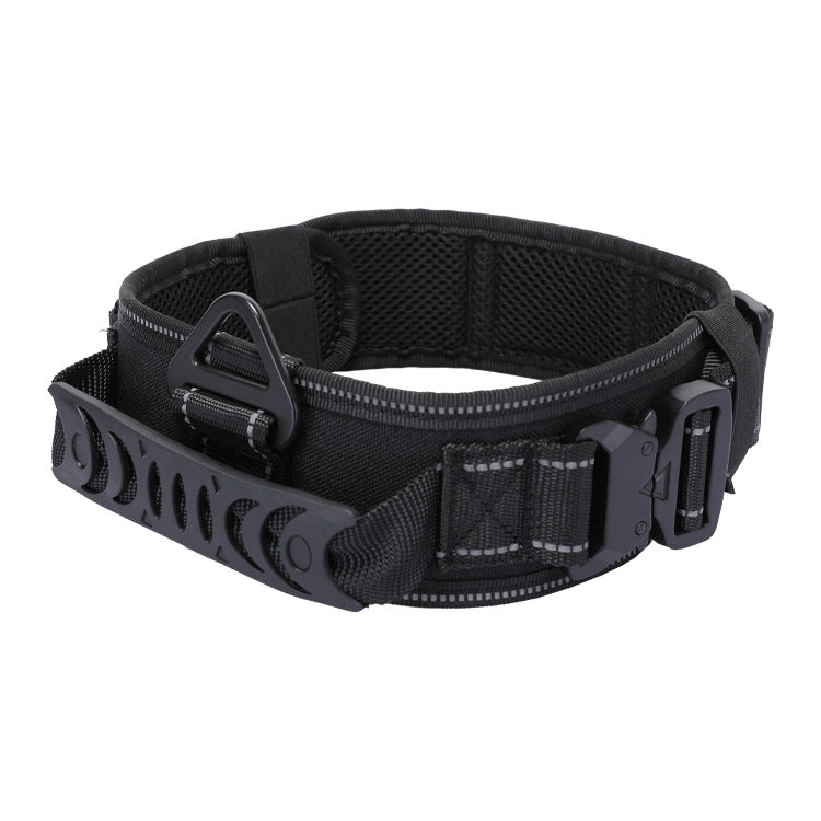 Anchor tactical dog collar in black with reflective stitching, angled view