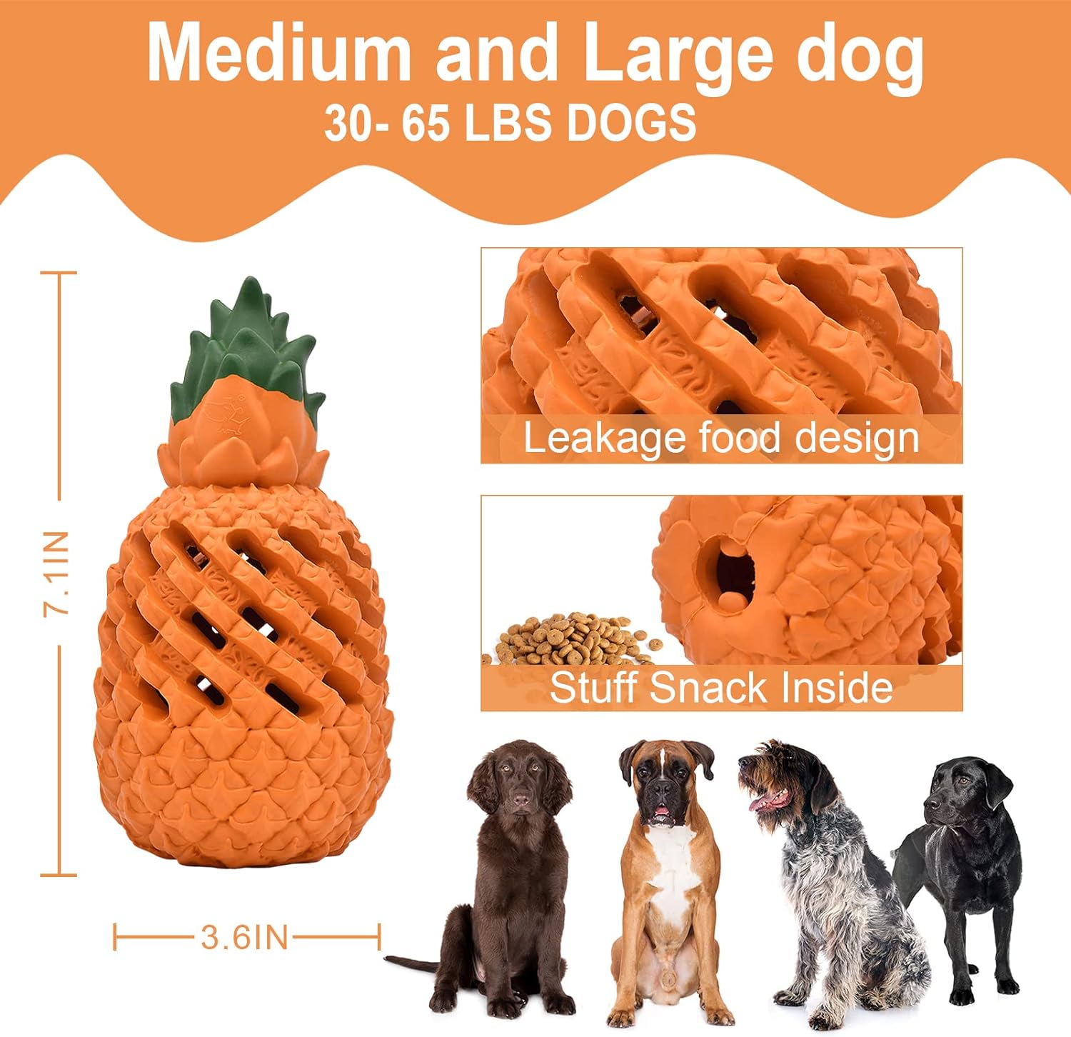 The large Bedrock Rubber Chew at 7.1 by 3.6 inches, with close-ups of the lattice channels and the filling hole at the end where kibble or paste is packed inside