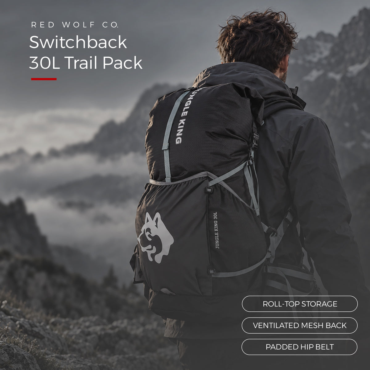 Blackout — A hiker seen from behind on a misty mountain ridge wearing the Blackout Switchback 30L Trail Pack, with call-outs for the roll-top storage, ventilated mesh back and padded hip belt