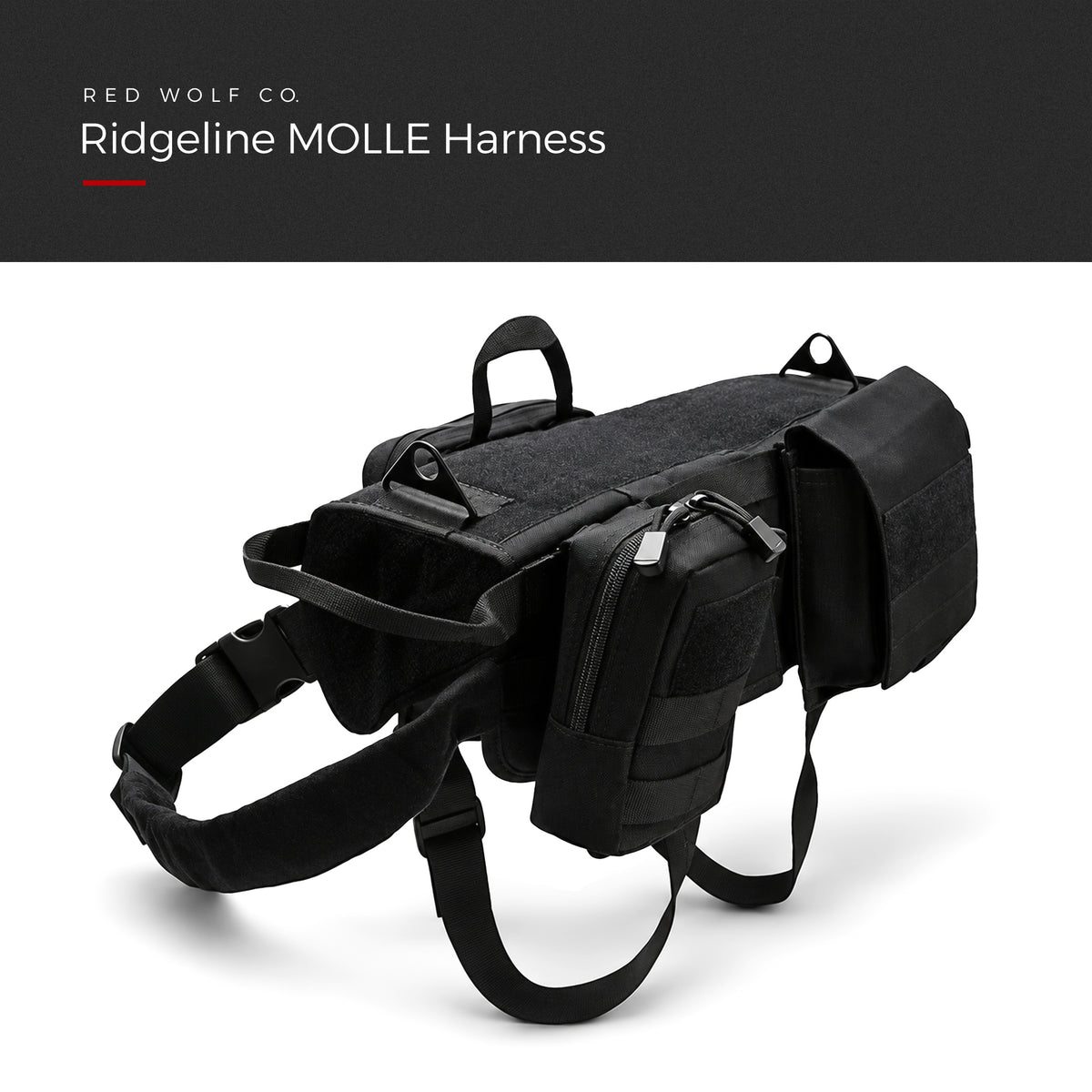 Blackout — Ridgeline MOLLE Harness in Blackout, side view showing the flank webbing panels, the padded handle and its two MOLLE pouches, under a Red Wolf Co. title banner
