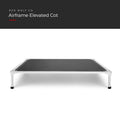 Airframe Elevated Cot with a dark grey mesh bed on a light aluminum frame with black feet, front view, under a Red Wolf Co. title banner