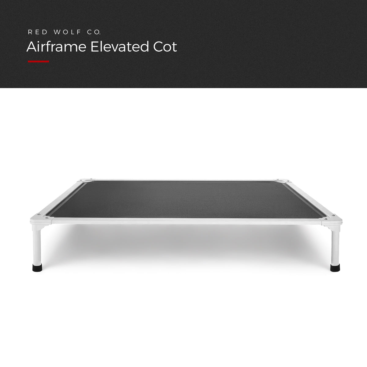 Airframe Elevated Cot with a dark grey mesh bed on a light aluminum frame with black feet, front view, under a Red Wolf Co. title banner