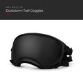 Smoke — Duststorm Trail Goggles, black frame with smoke tinted lens and adjustable straps, three-quarter view, under a Red Wolf Co. title banner