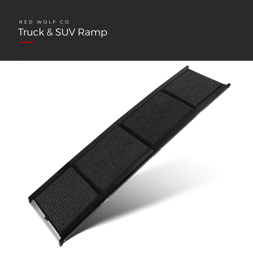 Truck & SUV Ramp in Blackout, fully extended, showing the four non-slip carpet panels, under a Red Wolf Co. title banner