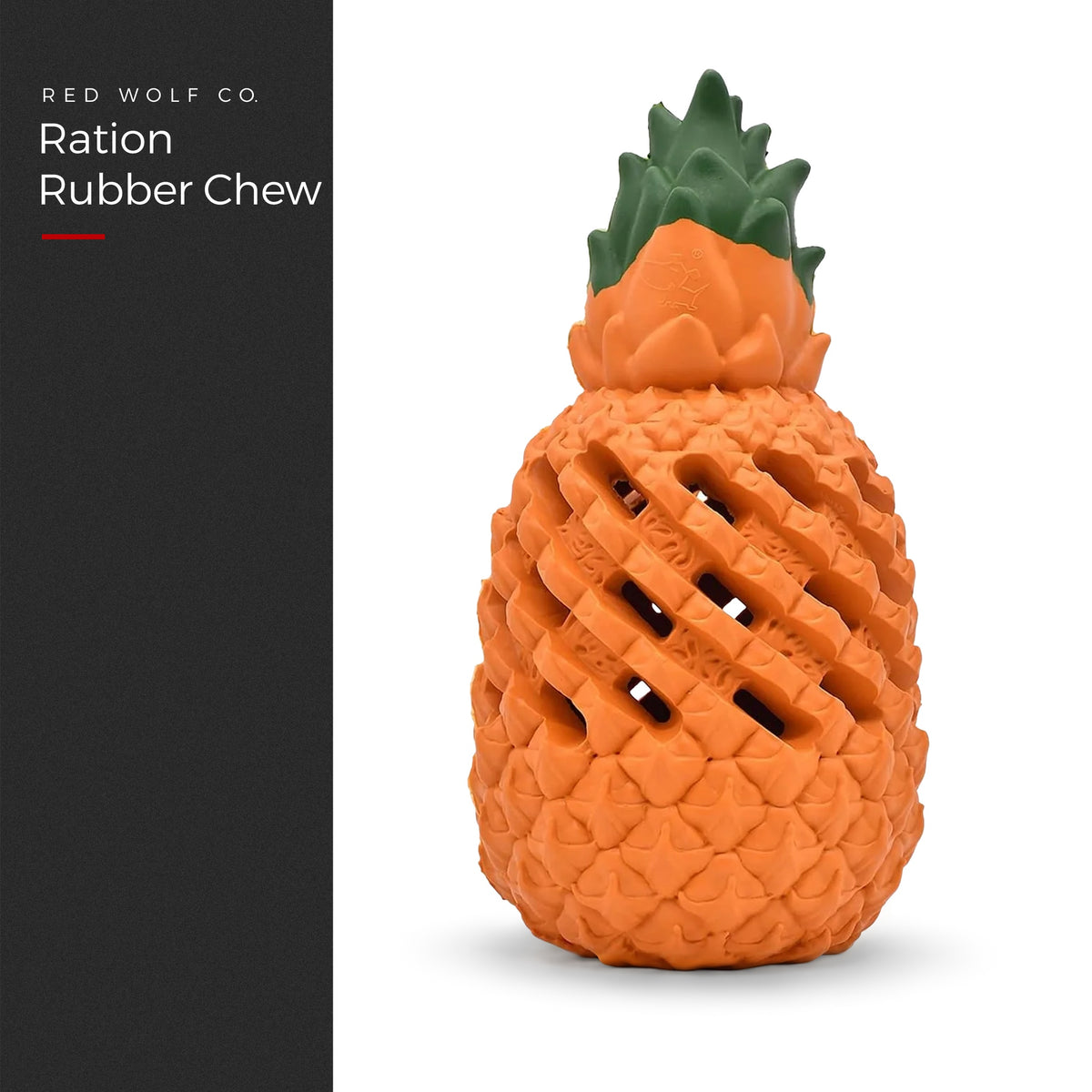 Ration Rubber Chew in orange natural rubber, shaped like a pineapple, showing the ribbed surface and the open lattice channels, under a Red Wolf Co. title panel