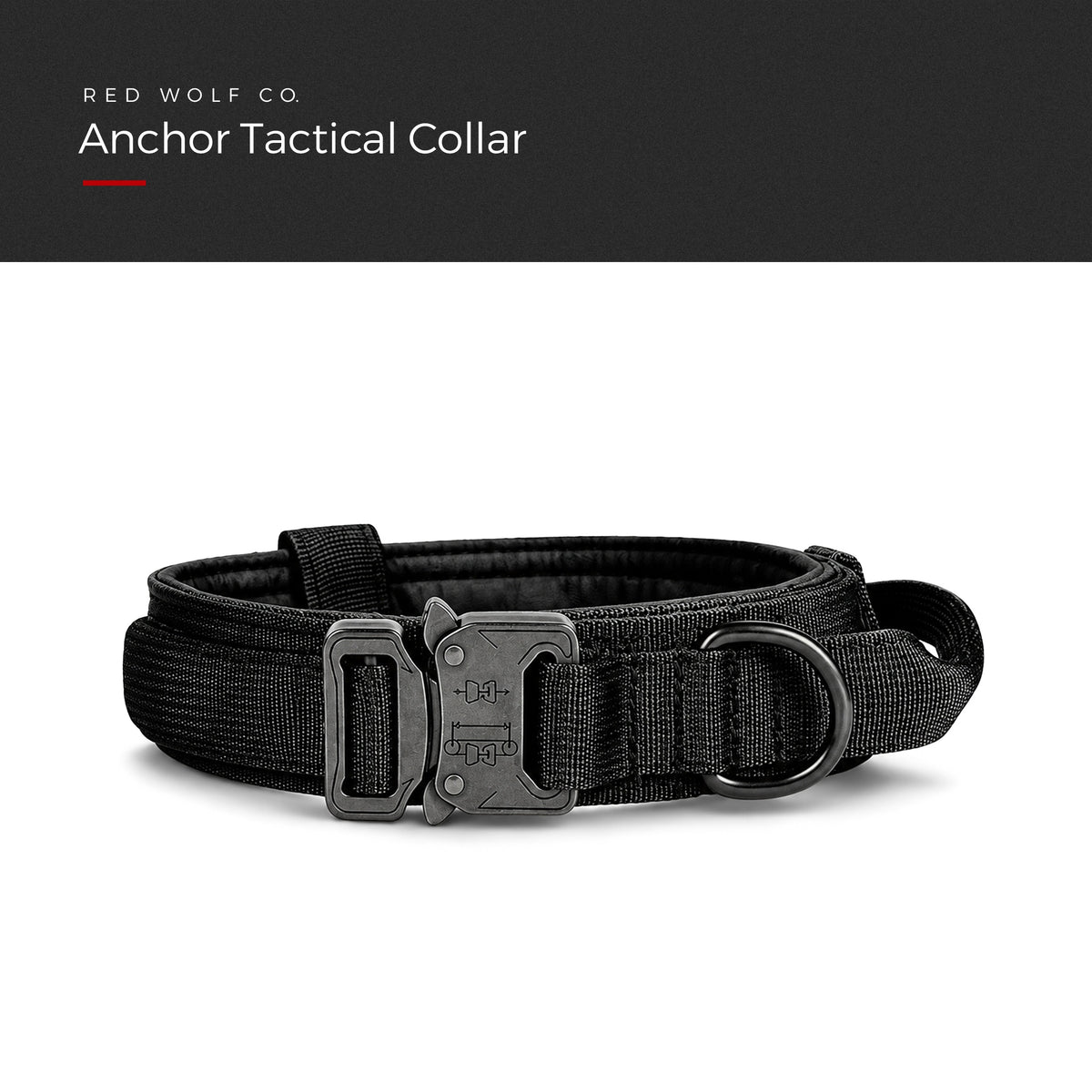 Blackout — Anchor Tactical Collar in Blackout with metal quick-release buckle, metal D-ring and control handle, under a Red Wolf Co. title banner