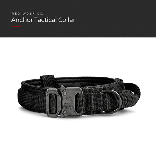 Blackout — Anchor Tactical Collar in Blackout with metal quick-release buckle, metal D-ring and control handle, under a Red Wolf Co. title banner