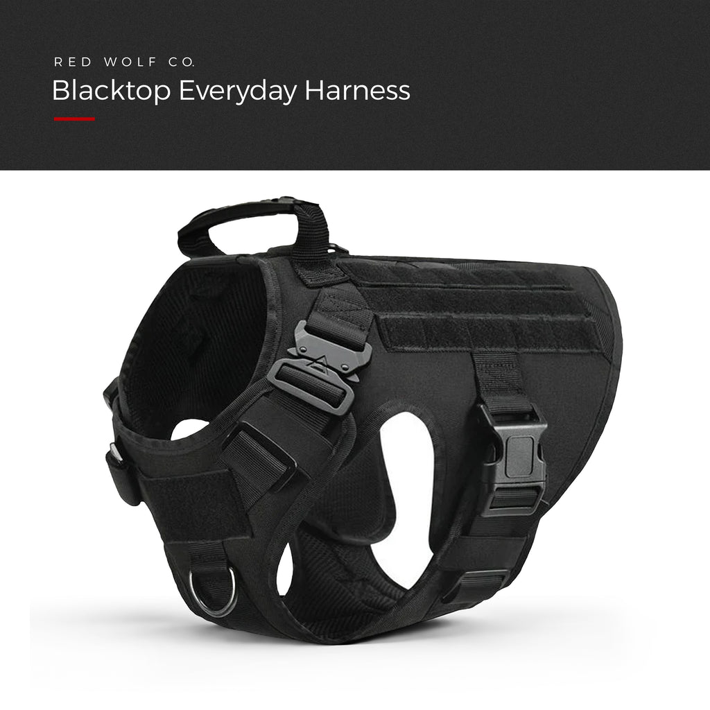 Blackout — Blacktop Everyday Harness, three-quarter view showing the grab handle, the quick-release buckles and the loop panels, under a Red Wolf Co. title banner