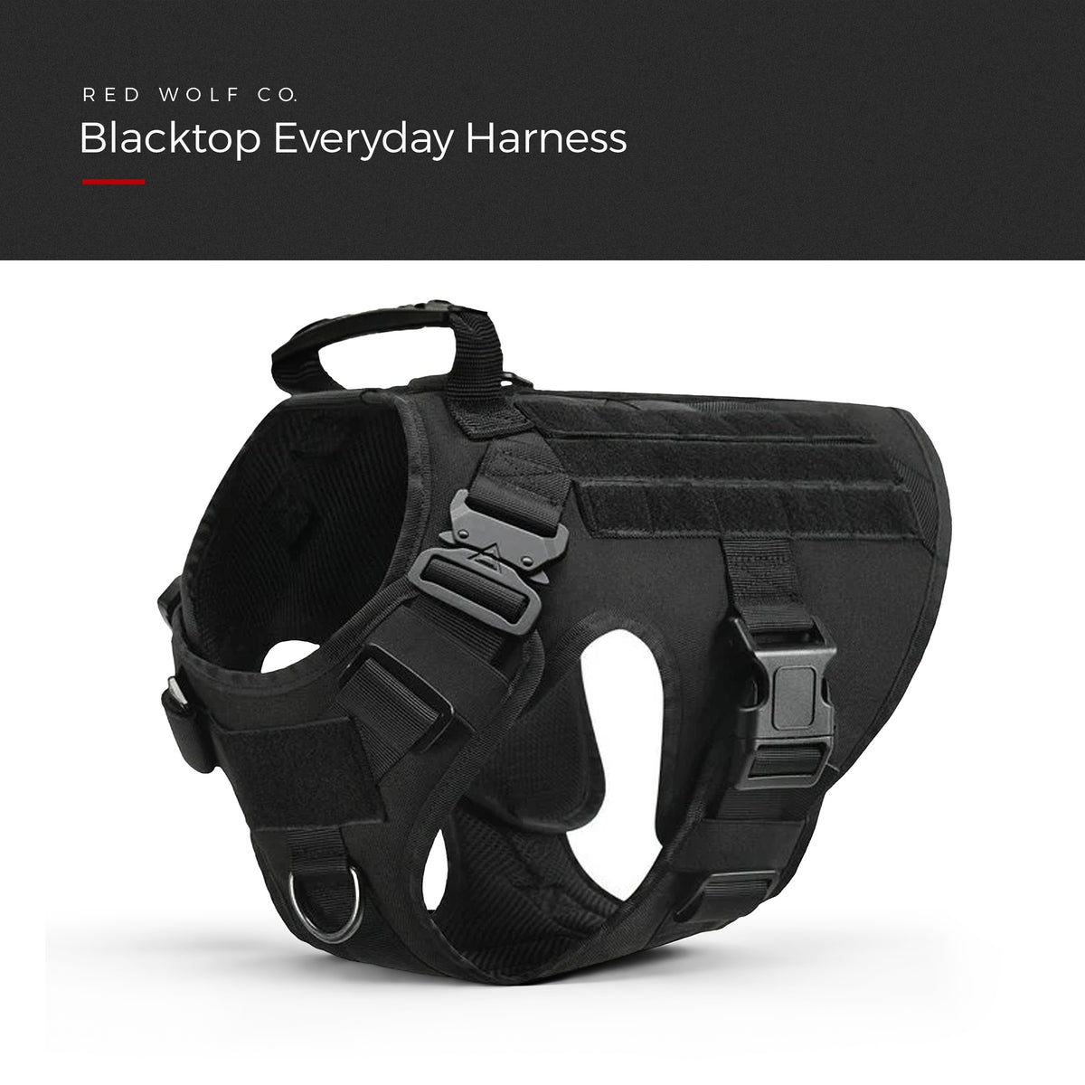 Blackout — Blacktop Everyday Harness, three-quarter view showing the grab handle, the quick-release buckles and the loop panels, under a Red Wolf Co. title banner