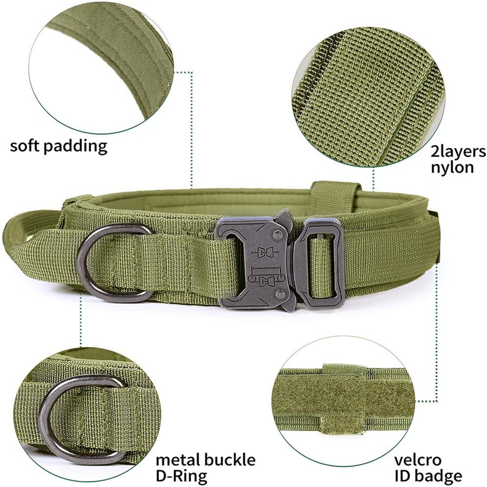 Detail views of the collar construction: soft padding, two layers of nylon webbing, the metal buckle and D-ring, and the velcro ID panel. Photographed in Ranger Green; the same build on every colour.