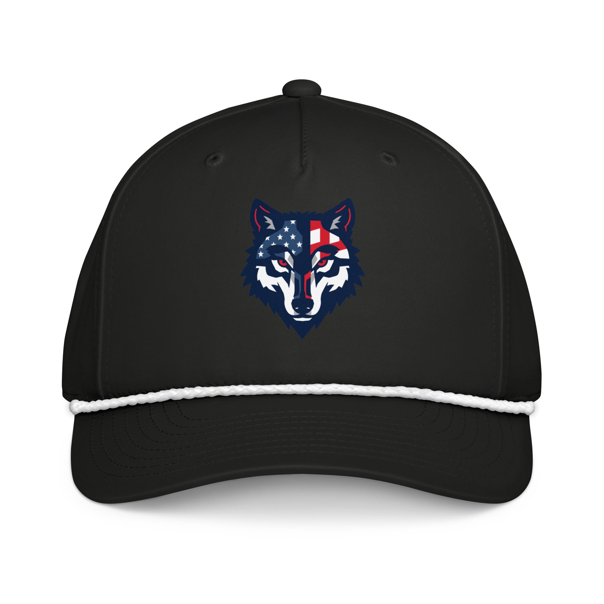 Red Wolf Rope Cap in Black, front view — black five-panel cap with the flag-pattern wolf head on the front panel and a white braided rope across the crown