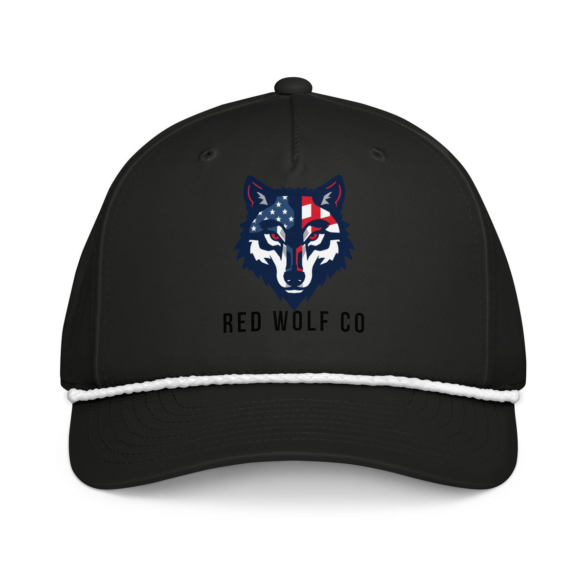 Black/White Red Wolf Rope Cap, front view with the printed flag-wolf head on the front panel