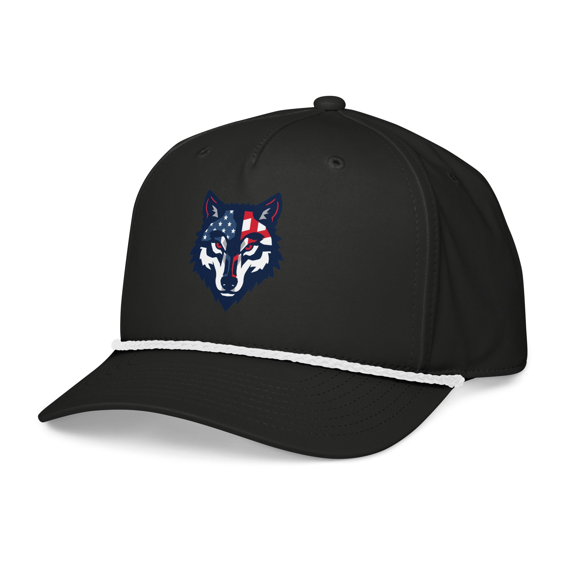 Red Wolf Rope Cap in Black, front-left angle, showing the curved bill and white rope detail