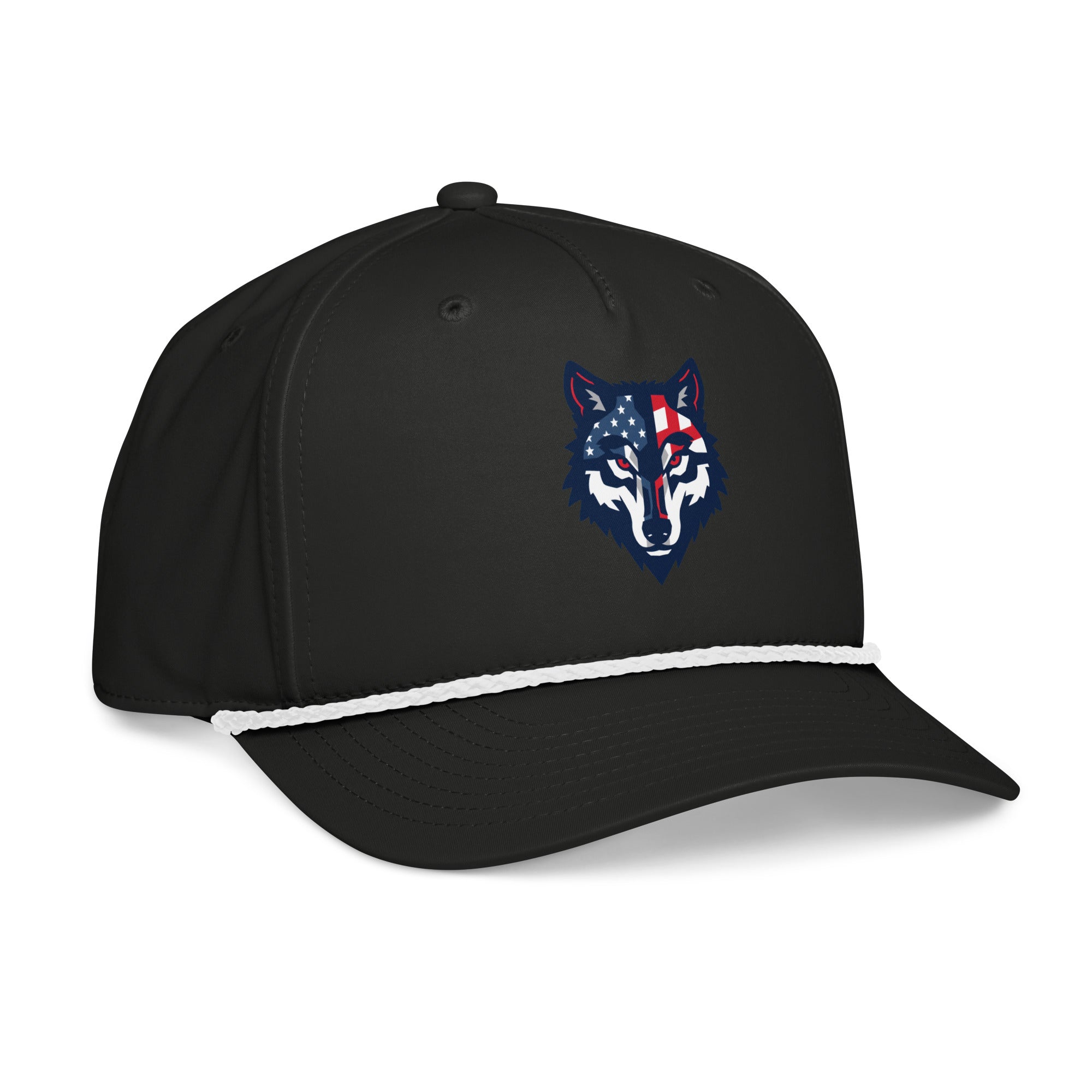 Red Wolf Rope Cap in Black, front-right angle, showing the mid-profile structured crown