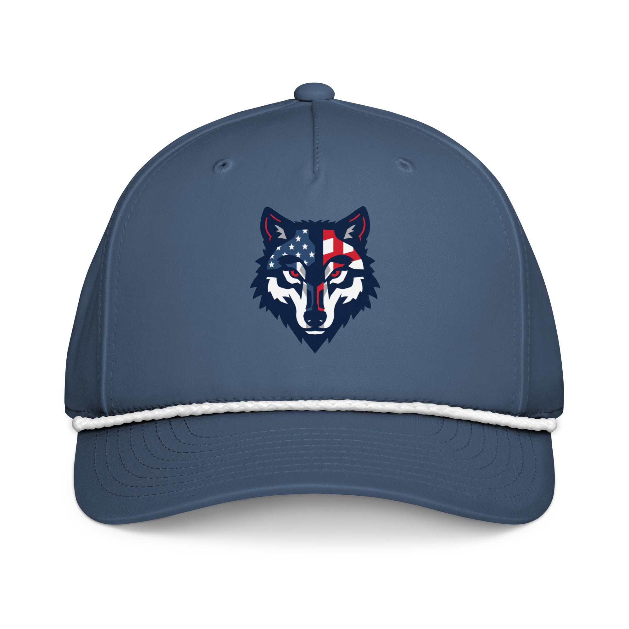Red Wolf Rope Cap in Light Blue, front view — slate blue five-panel cap with the flag-pattern wolf head on the front panel and a white braided rope across the crown