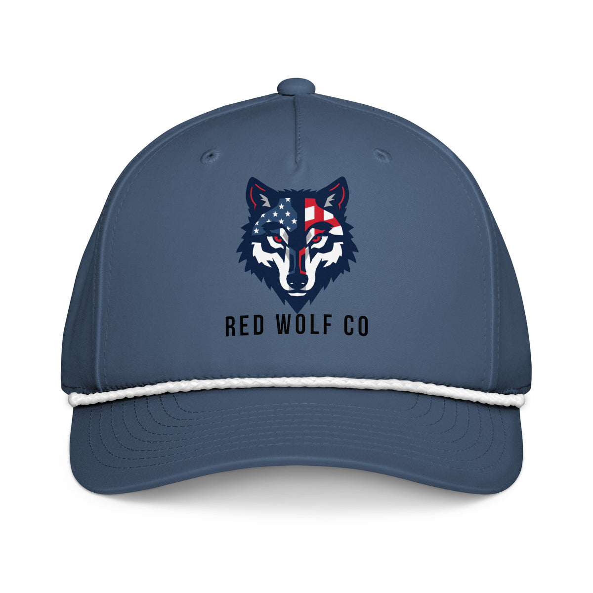Light Blue/White Red Wolf Rope Cap, front view with the printed flag-wolf head on the front panel