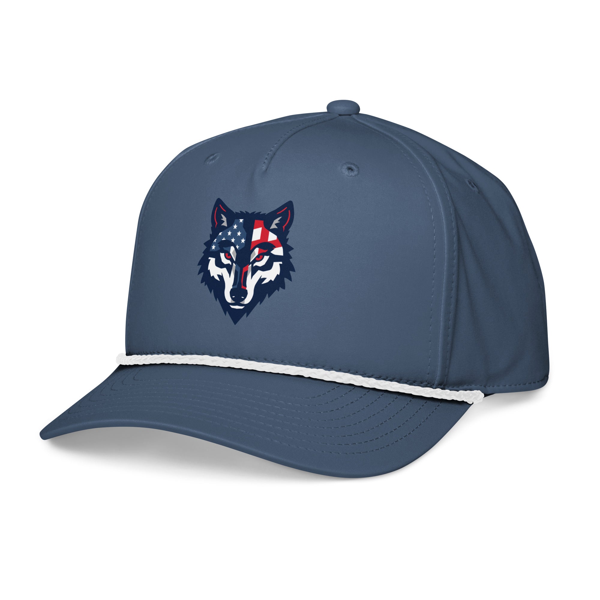 Red Wolf Rope Cap in Light Blue, front-left angle, showing the curved bill and white rope detail