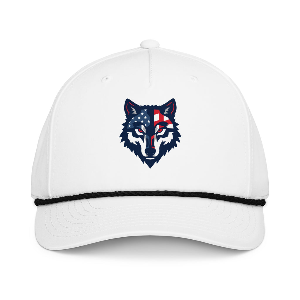 Red Wolf Rope Cap in White, front view — white five-panel cap with the navy and red flag-pattern wolf head on the front panel and a black braided rope across the crown