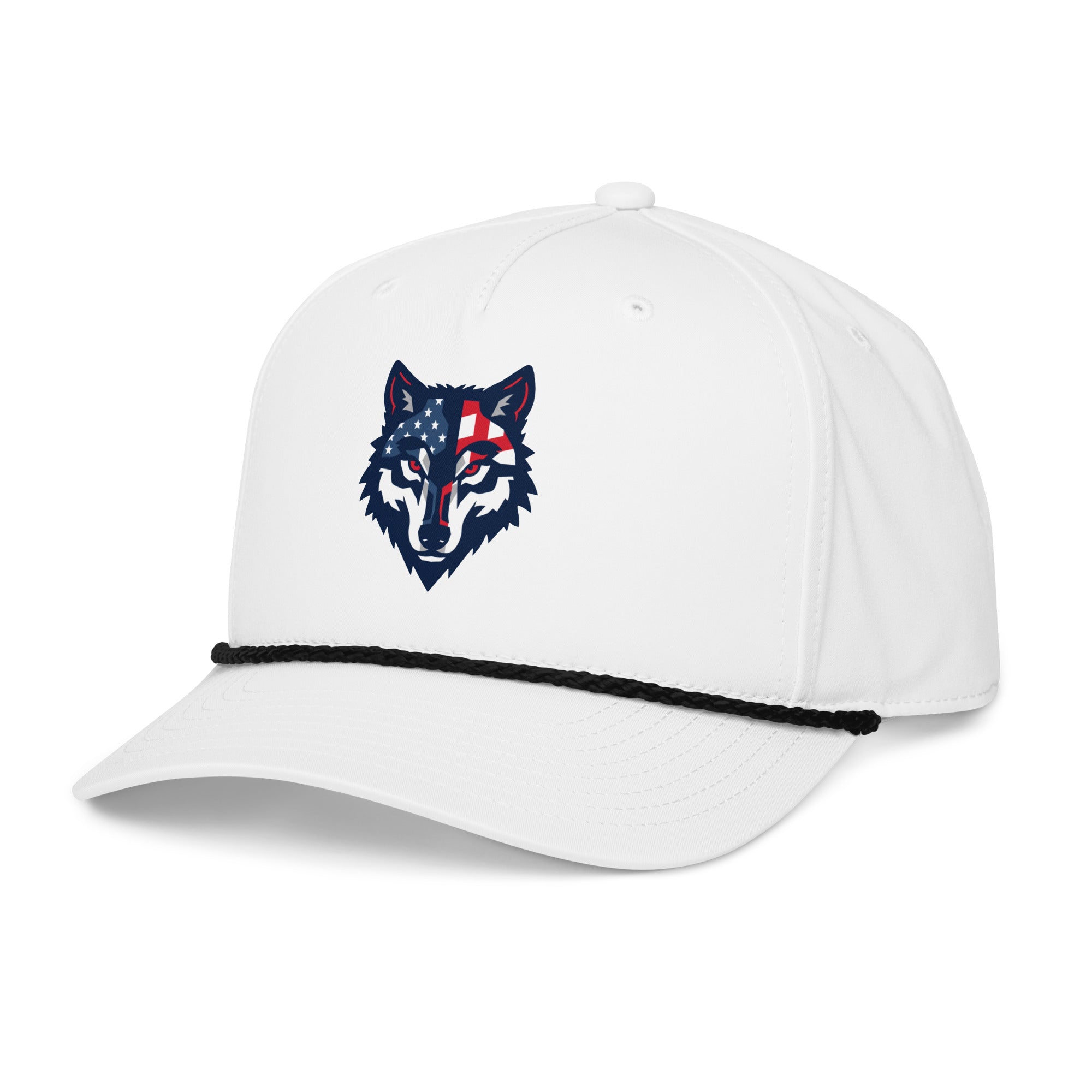 Red Wolf Rope Cap in White, front-left angle, showing the curved bill and black rope detail