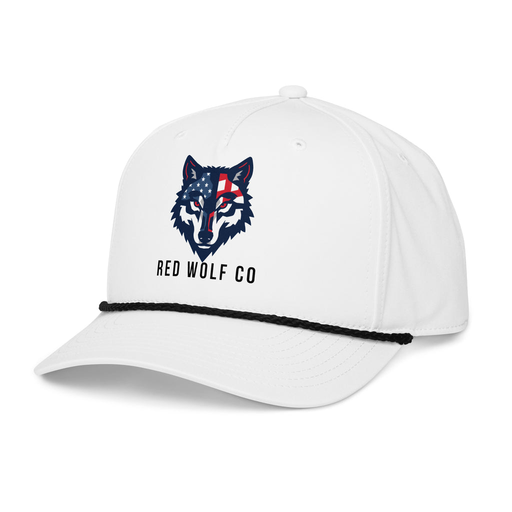 White/Black Red Wolf Rope Cap, three-quarter view from the left showing the curved bill and the black braided rope