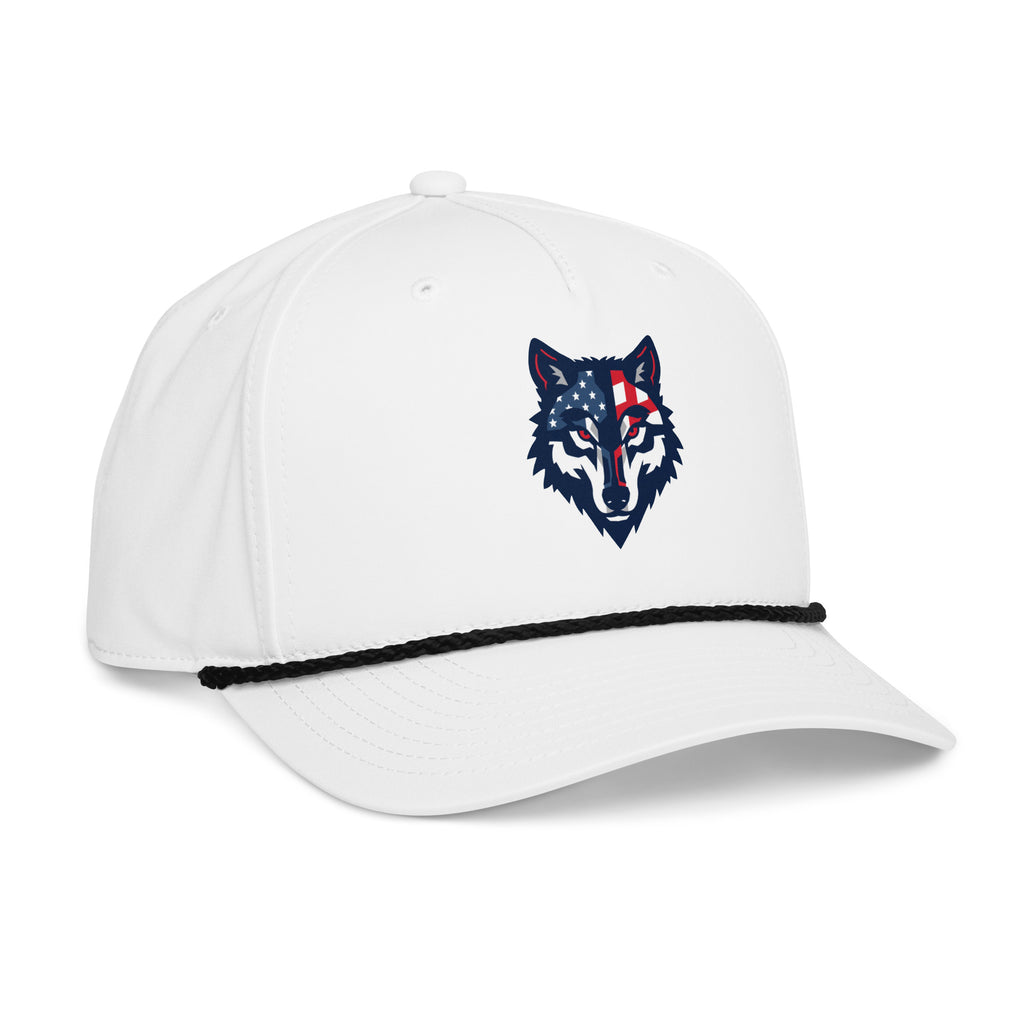 Red Wolf Rope Cap in White, front-right angle, showing the mid-profile structured crown