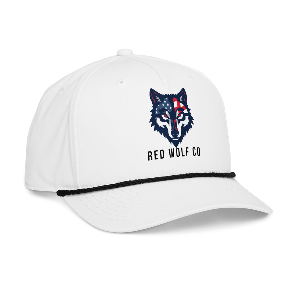 White/Black Red Wolf Rope Cap, three-quarter view from the right showing the curved bill and the black braided rope