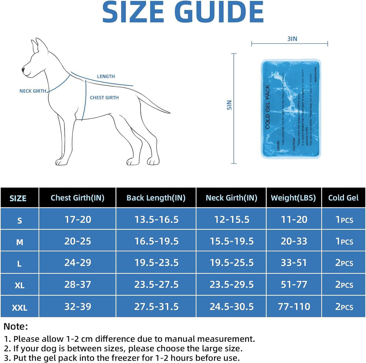 Size guide for the cooling vest: chest, back length, neck and weight by size