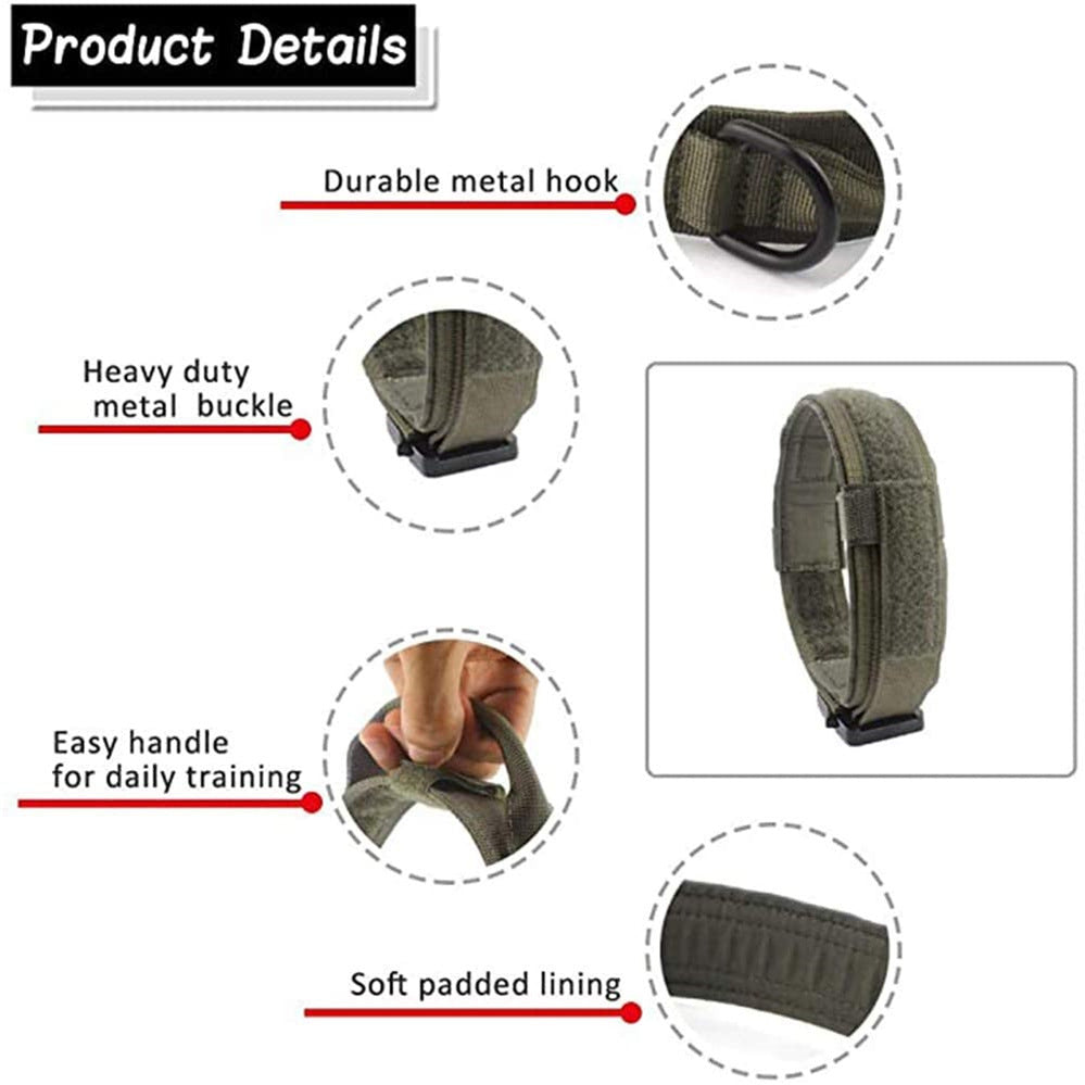 Detail views of the collar hardware: the metal D-ring, the metal buckle, a hand gripping the control handle, and the padded lining. Photographed in Ranger Green; the same build on every colour.
