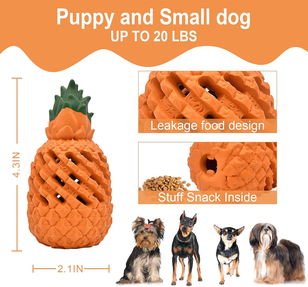 The small Bedrock Rubber Chew at 4.3 by 2.1 inches for puppies and dogs up to 20 lb, with close-ups of the lattice channels and the filling hole