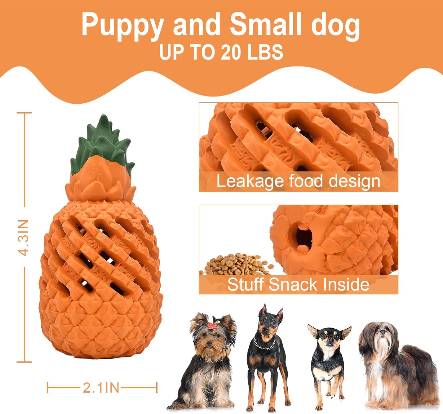 The small Bedrock Rubber Chew at 4.3 by 2.1 inches for puppies and dogs up to 20 lb, with close-ups of the lattice channels and the filling hole