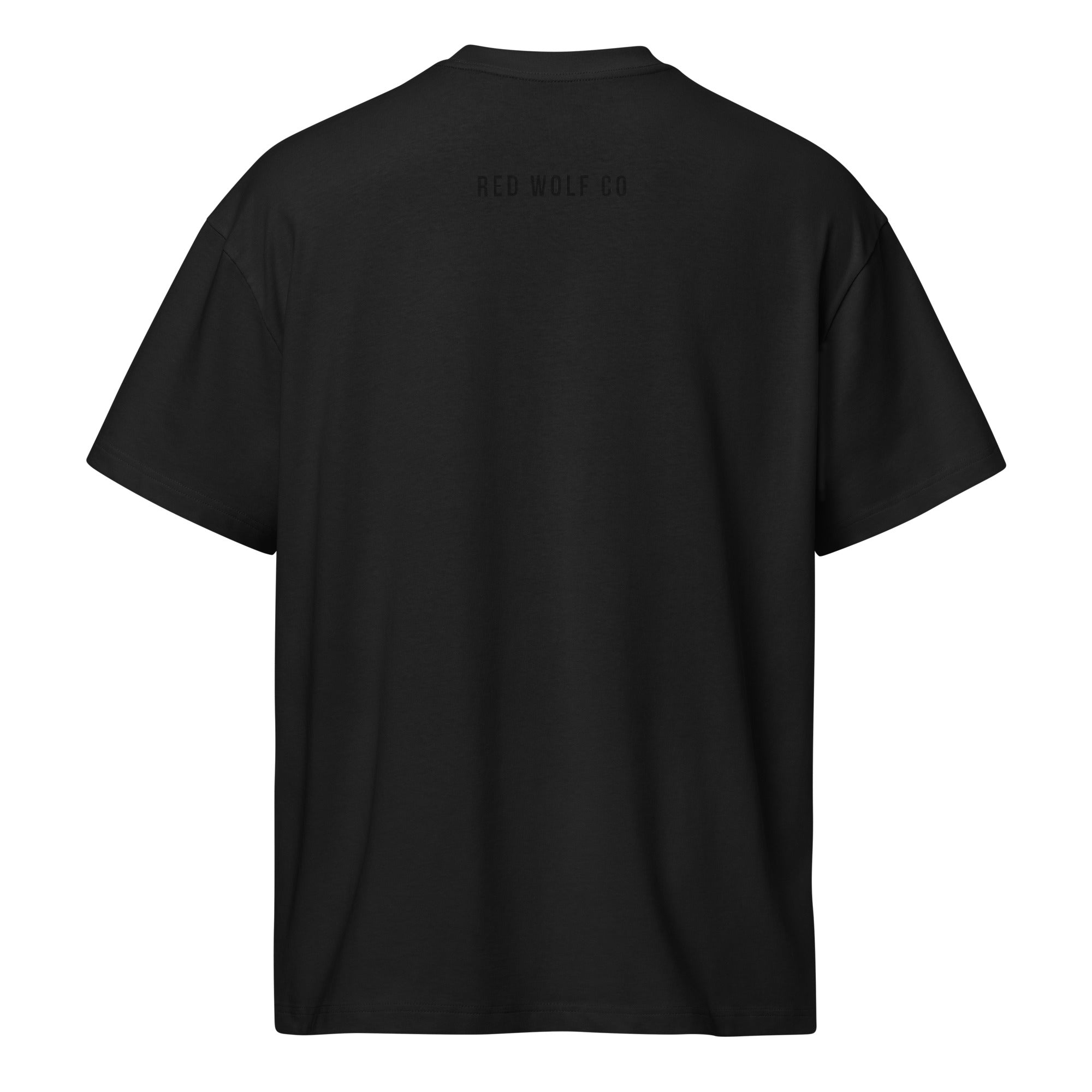 Black Red Wolf Flag Tee, back view, showing the oversized boxy cut
