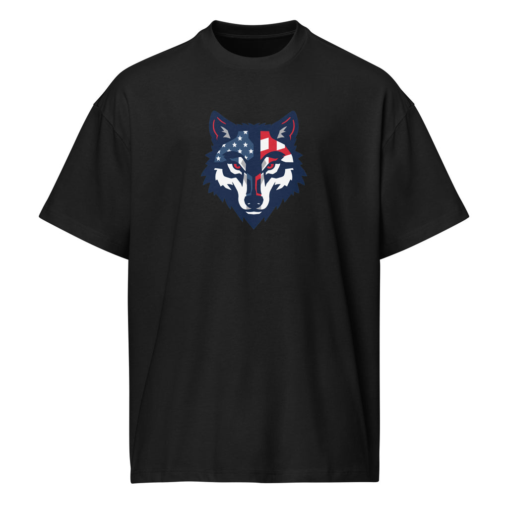 Black Red Wolf Flag Tee, front view, with the flag-pattern wolf head printed across the chest