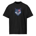 Black Red Wolf Flag Tee, front view, with the flag-pattern wolf head printed across the chest