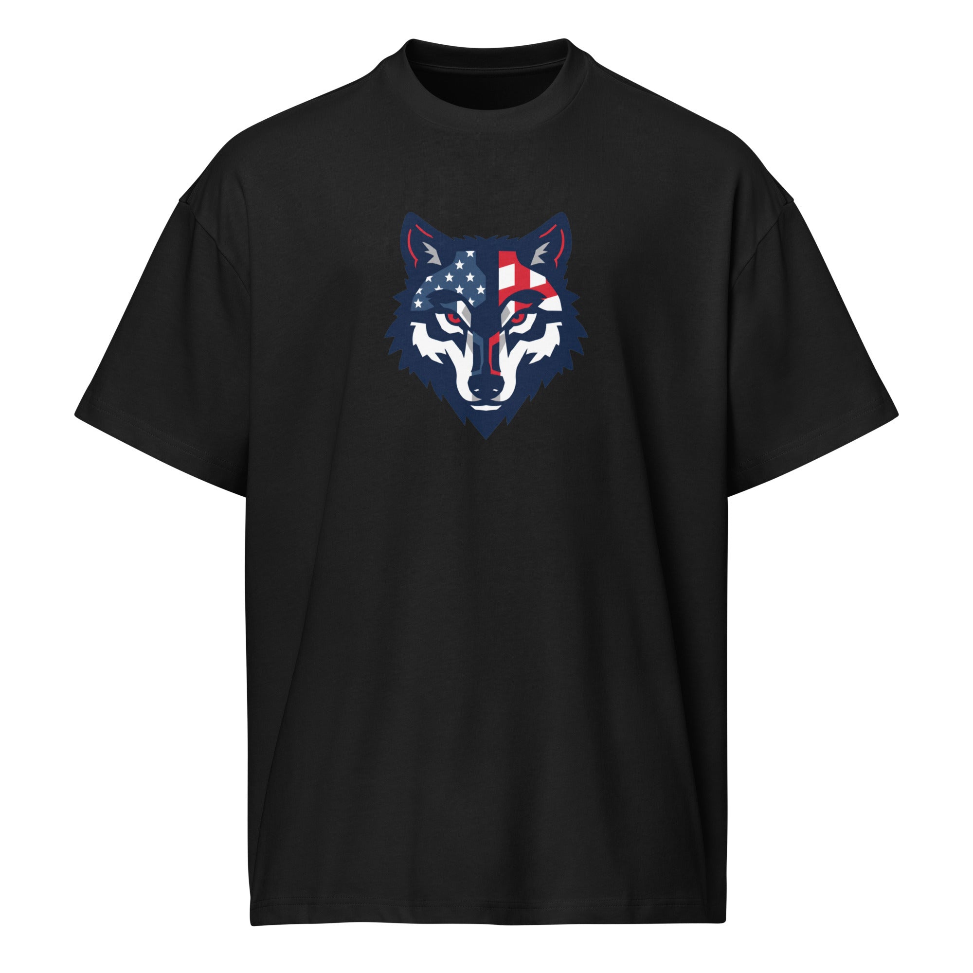 Black Red Wolf Flag Tee, front view, with the flag-pattern wolf head printed across the chest