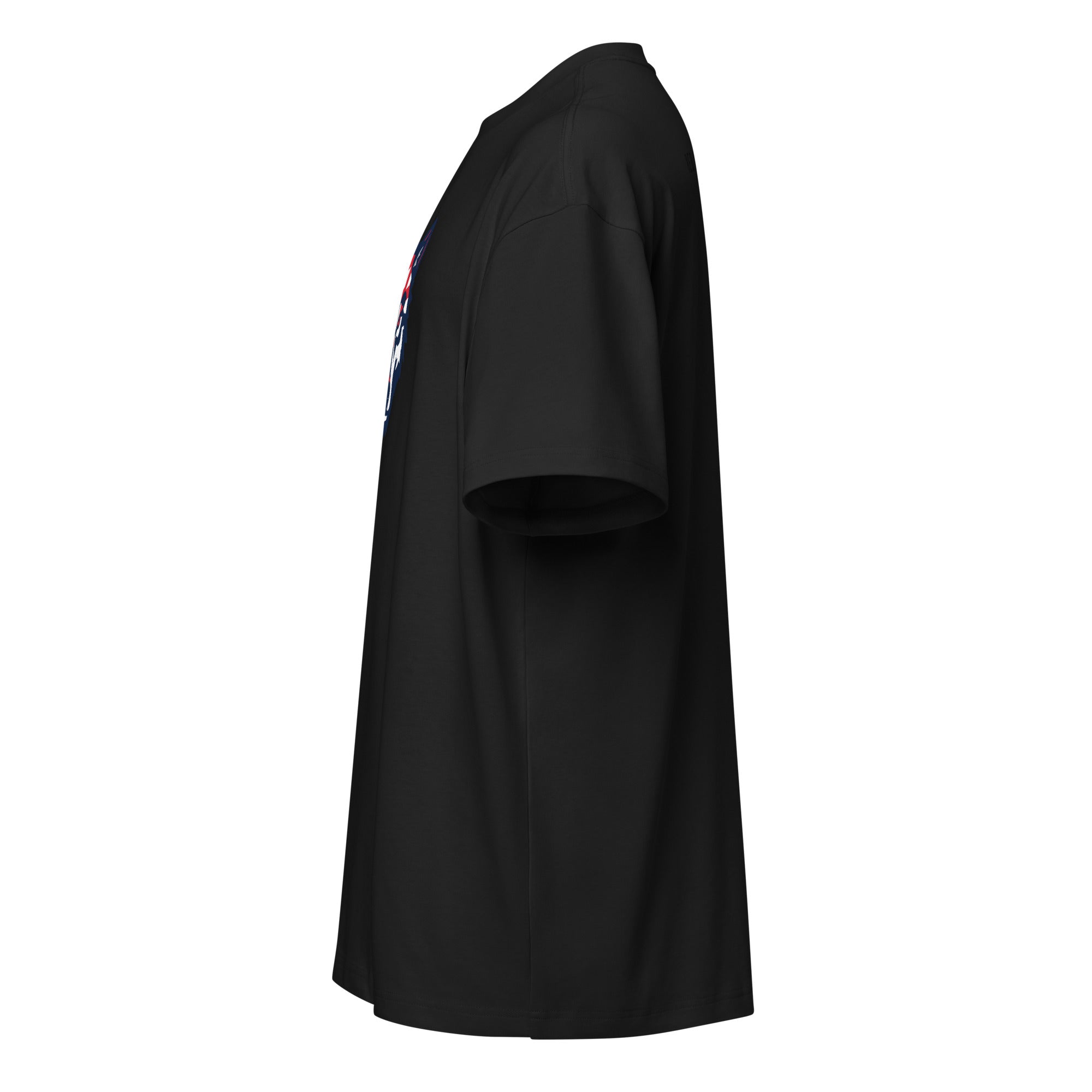 Black Red Wolf Flag Tee, left side view, showing the drop shoulder sleeve and relaxed fit