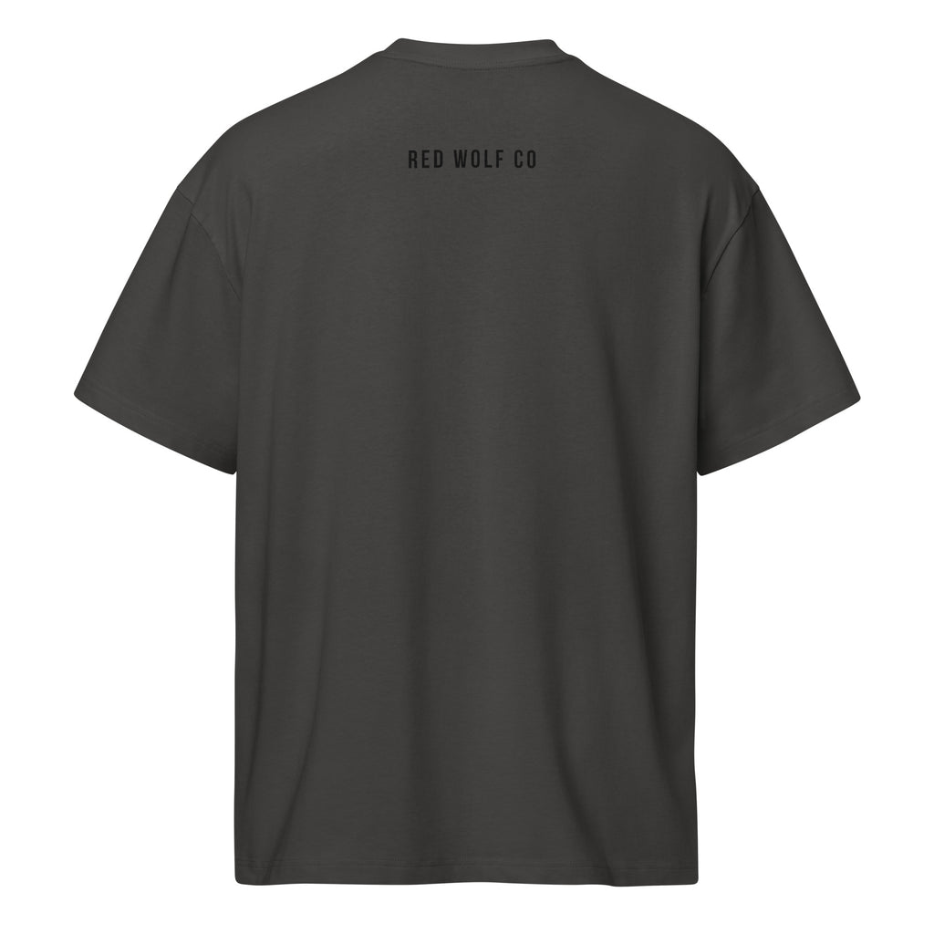 Vintage Black Red Wolf Flag Tee, back view, showing the oversized boxy cut