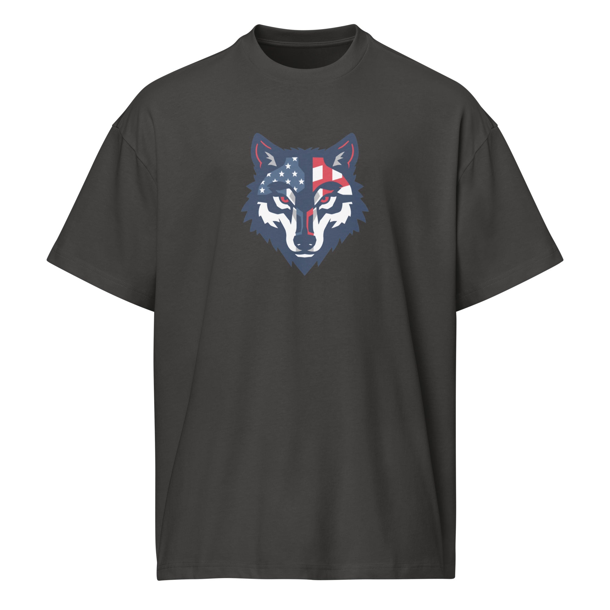 Vintage Black Red Wolf Flag Tee, front view — washed charcoal with the flag-pattern wolf head printed across the chest
