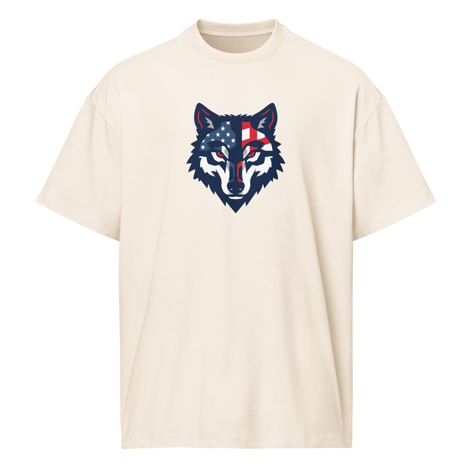 Vintage White Red Wolf Flag Tee, front view — natural cream with the navy and red flag-pattern wolf head printed across the chest
