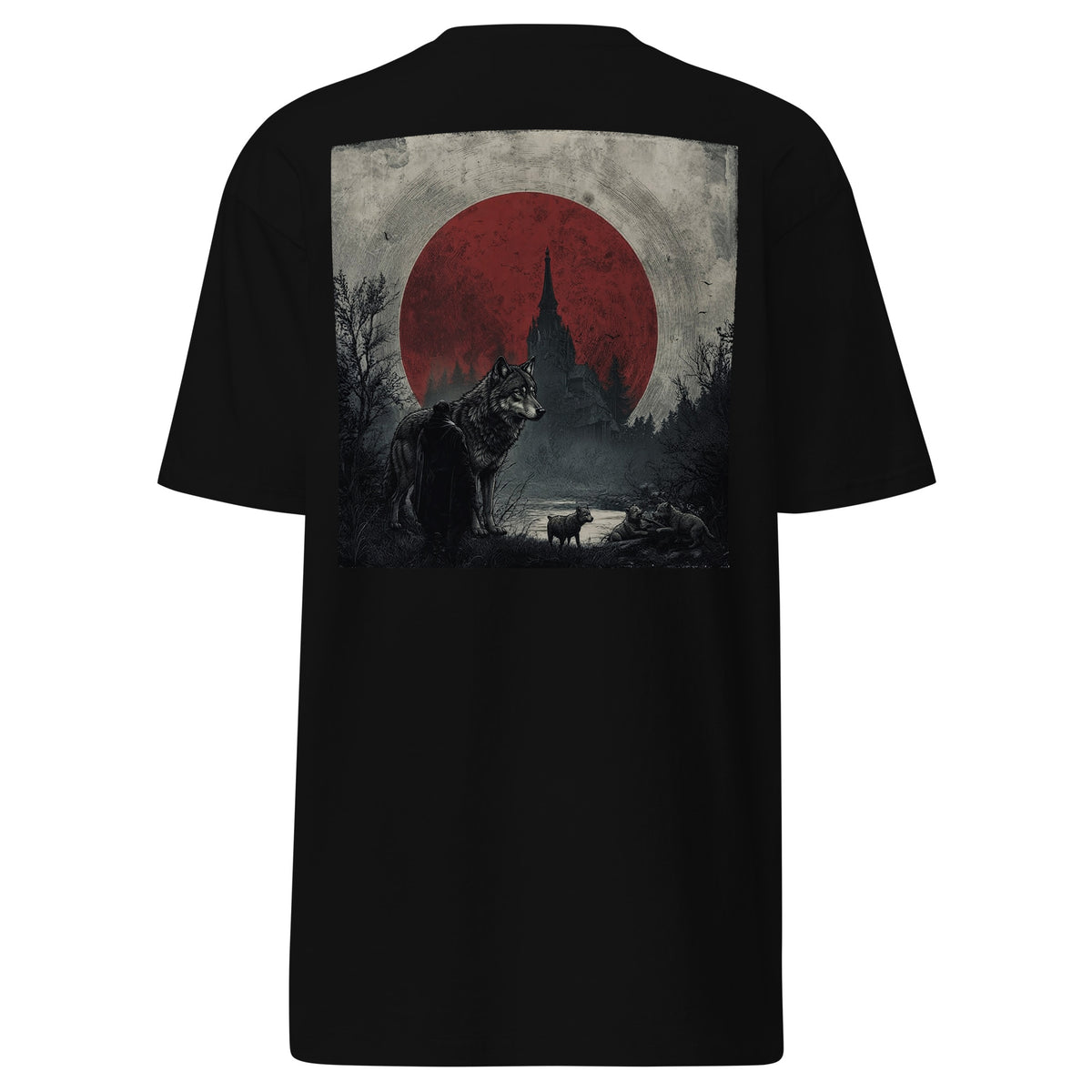 Solace Tee in black, laid flat from the back, with the full Solace artwork printed large — a wolf beside a cloaked figure, a spire behind the treeline and a red moon