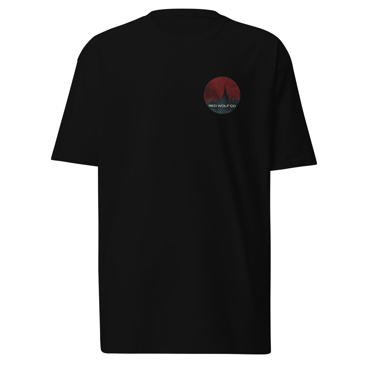 Solace Tee in black, laid flat from the front, with the circular Red Wolf Co wolf-and-red-moon badge printed small on the left chest